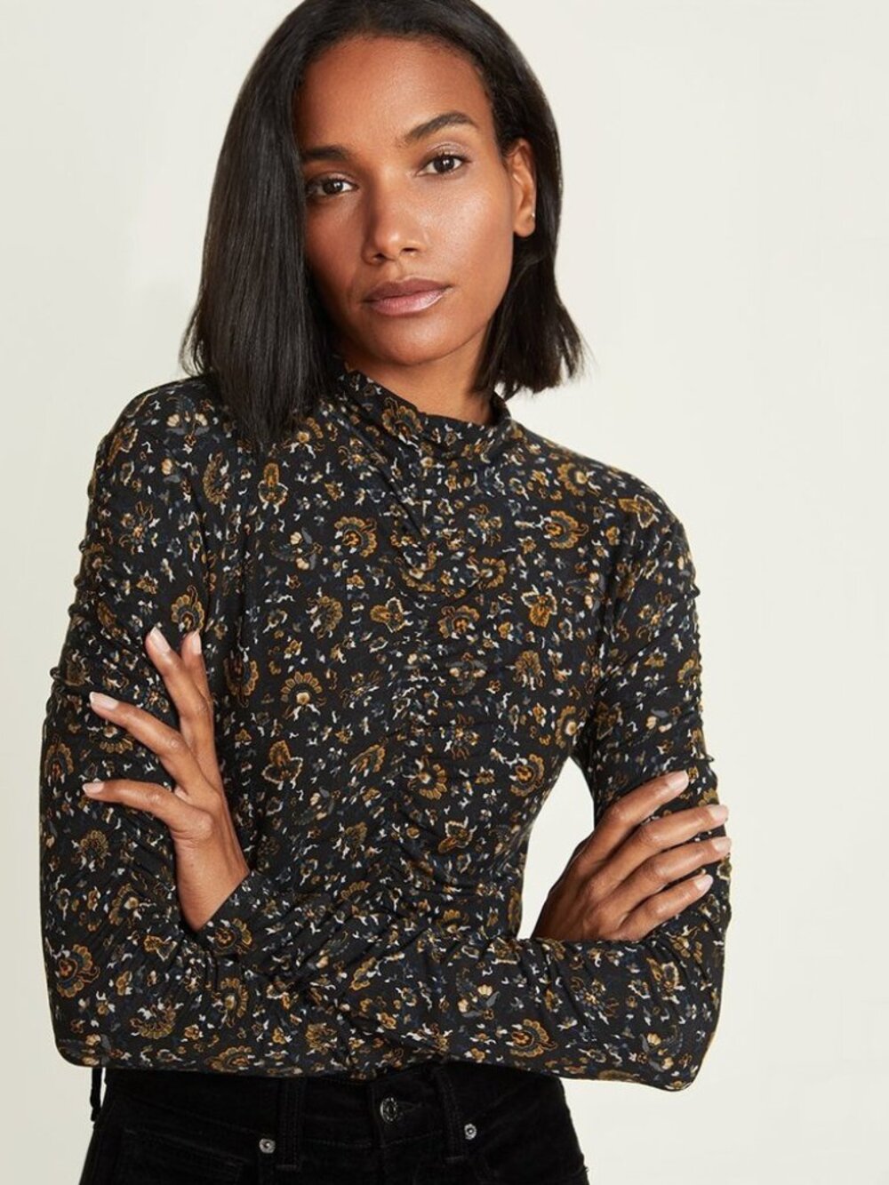 Veronica Beard black paisley floral Fresno ruched turtleneck